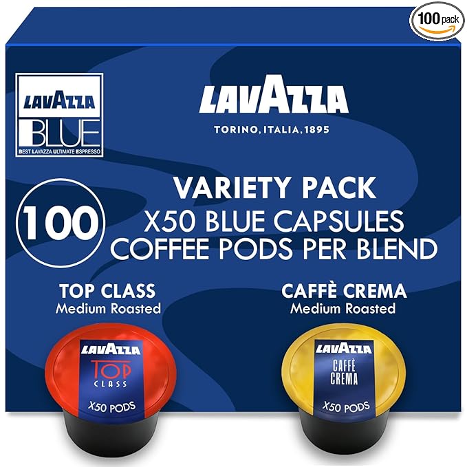 Lavazza Blue Coffee Capsules Variety Pack – 100 Count (50 Pods Each) – Includes Top Class & Caffè Crema Blends – Compatible with Lavazza LB Espresso Machines Only – Premium Italian Coffee