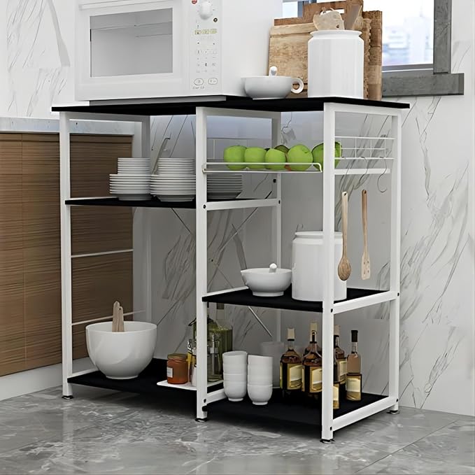 soges 3-Tier Kitchen Baker's Rack with Storage, Microwave Stand, Kitchen Storage Rack, Shelf Organizer, Coffee Bar Station, Workstation Cart, Walnut Black