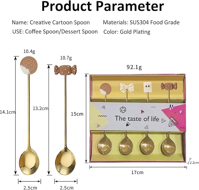 4-Piece Cute Cookie Gold Long Handle Coffee Spoons- 5.5" Teaspoons Stainless Steel Scoops for Coffee & Tea & Dessert Spoon, Perfect for Coffee Stirrers Small Tableware(Gift Packing#B)