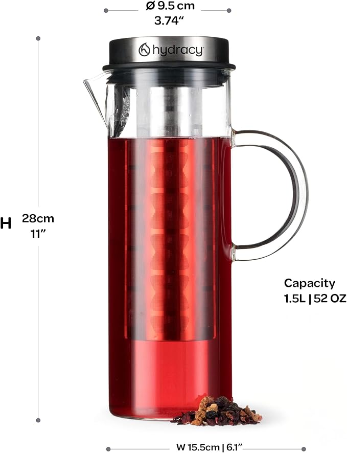 Hydracy Cold Brew Coffee Maker - Large Glass Infusion Pitcher 1.6 Quarts 52oz - Iced Coffee & Iced Tea Pitcher with Stainless Steel Lid & Fruit Infusion Tube - Perfect for Home or Office