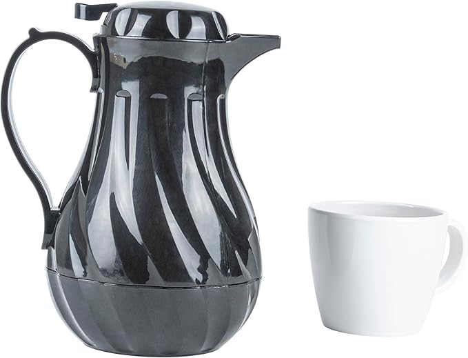 Restaurantware-Restpresso 20 Ounce Coffee Carafe, 1 Insulated Coffee Server - Push-Button Top, Swirl Design, Black Plastic Pitcher, Built-In Handle, With Identification Tags