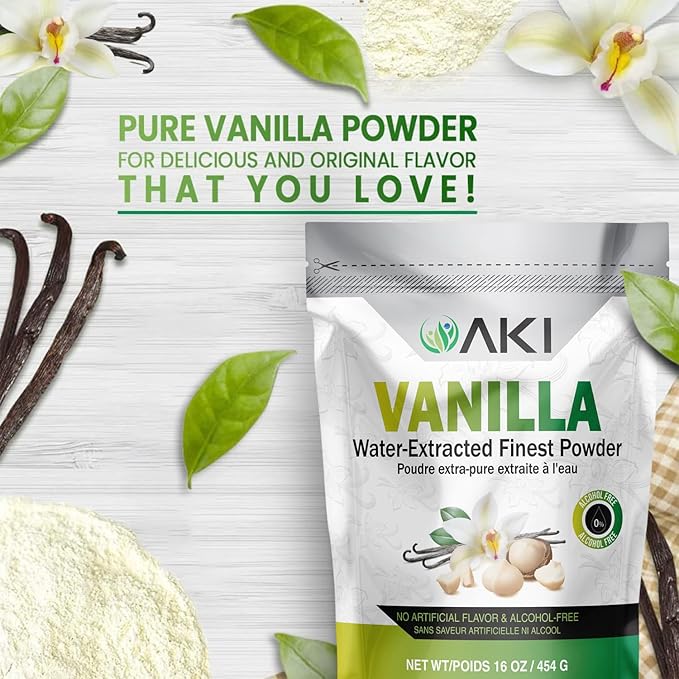 AKI Vanilla Extract Powder from Authentic Beans for Delicious Flavoring, Cooking, Baking, Drinks, Tea, Coffee, Smoothies, Cocktails - Sugar-Free & Alcohol-Free (454g/1lb)