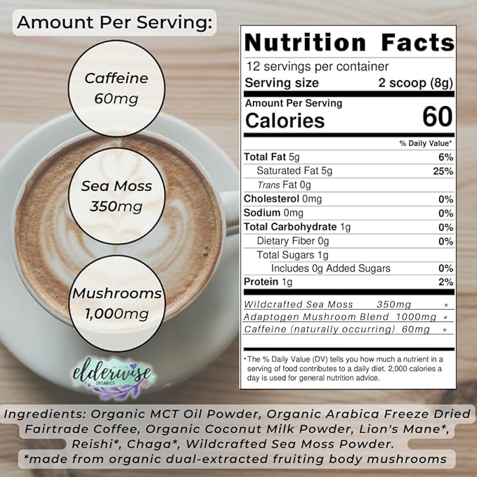 Elderwise Coffee - Latte - Lion's Mane, Chaga, Reishi, Cordyceps, MCT Oil, Coconut Cream & Sea Moss - 12 Servings - Freeze Dried Instant Coffee - Chemical free - Fair Trade