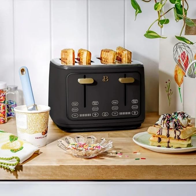 Beautiful 4 Slices Toaster - 7 Shade Settings, Touch Display, Extra-Wide Slots for Bagels, Gluten-Free & Frozen Presets, LED Countdown, Removable Crumb Tray, 1800-watt toasting system- Black Sesame