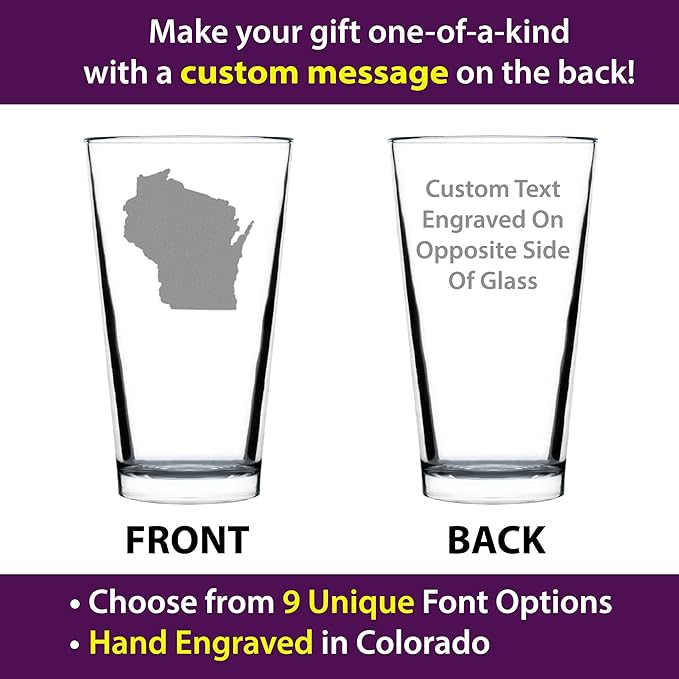 Custom Wisconsin State Outline Pint Glass for Beer - State Themed Drinking Decor and Gifts for Wisconsinites - 16 Ounce