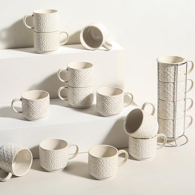 6 Oz Coffee Cups with Stand, Stackable Espresso Cups Set of 4, Ceramic Cappuccino Cup, Embossed Coffee Mugs for Latte, Cocoa, Mocha, Tea, Housewarming Wedding Present, Dishwasher Safe
