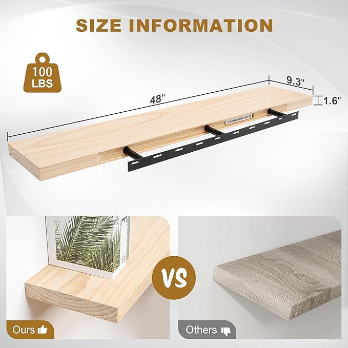 Fun Memories Floating Shelves, 9.3 Inch Deep Solid Pine Wood Wall Shelves for Storage, Wall Mounted Display Shelf with Invisible Heavy-Duty Metal Bracket, 48 Inch Width, Unfinished - DIY Stain