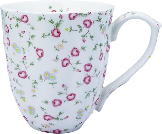 14oz Bone China Coffee Mug Floral Bone Mug Cute Coffee Mug Teacup for Women Mom Friend (small pink rose)