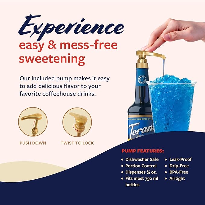 Torani Sugar Free Syrup, Blue Raspberry, Zero-Calorie Flavoring for Drinks, Pump Included, 25.4 Oz