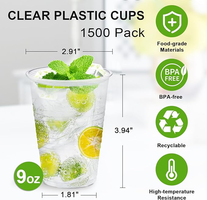 SIUQ 1500 Pack 9 oz Plastic Cups, Clear Disposable Plastic Cups, Cold Water Party Drinking Cups for Party, Picnic, BBQ, Wedding, Travel, Thanksgiving, Christmas