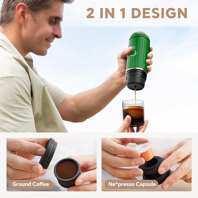 Fast self-heating Portable Electric Espresso Coffee Maker, 2 IN 1 Extraction Espresso Machine, Support Ground Coffee and NS capsule, for Travel,Car,camping,Climbing（Green） Rich Crema