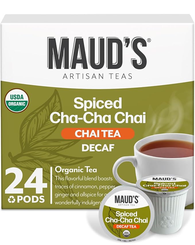 Maud's Organic Decaf Chai Tea Pods, 24 ct, Recyclable Single Serve Tea Pods – 100% Gourmet Blended Tea Leaves, Compatible with Keurig K Cups Maker