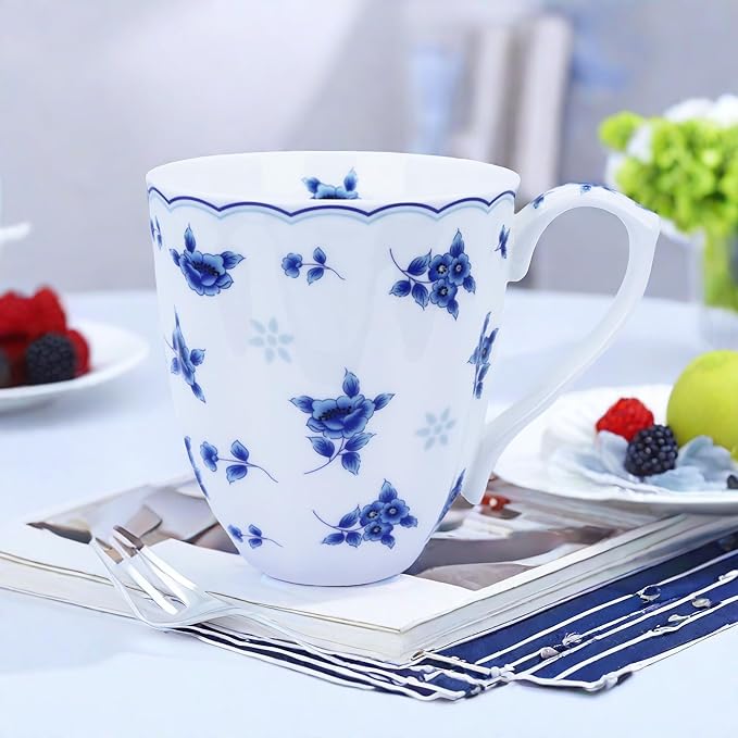 14oz Bone China Coffee Mug Floral Bone Mug Cute Coffee Mug Teacup for Women Mom Friend (blue floral)