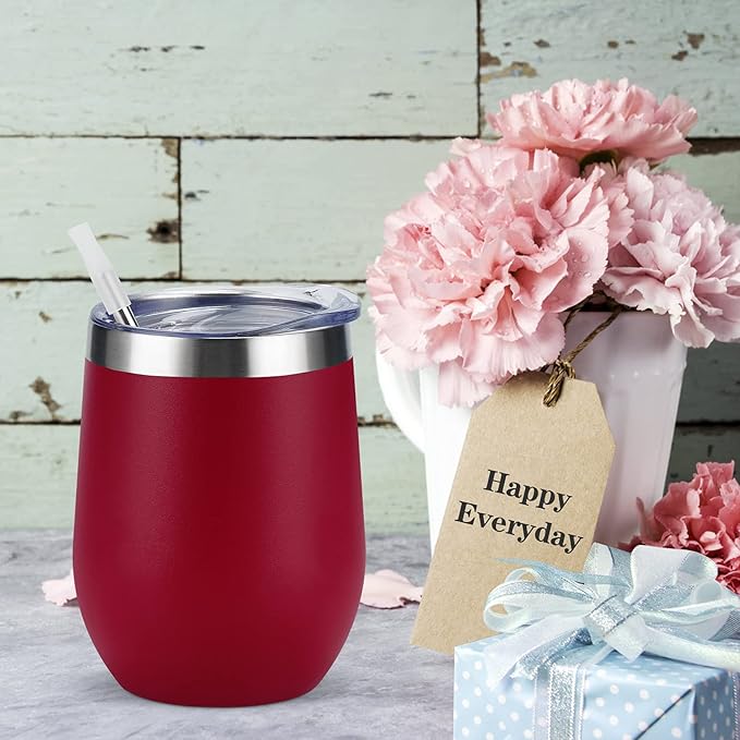 6 Pack Stainless Steel Wine Tumblers, 12Oz Insulated Wine Tumbler, Double Wall Insulated Wine Glass, Stainless Steel Stemless Wine Cups with Lids for Coffee, Wine, Cocktails, Champaign, Wine Red