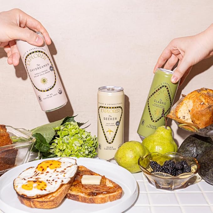 Explorer Daydreamer Ready-to-Drink Organic Cold Brew Decaf Coffee, 99.9% Caffeine-Free, Black, Unsweetened, and Fair Trade, 12 fl oz (Pack of 12)