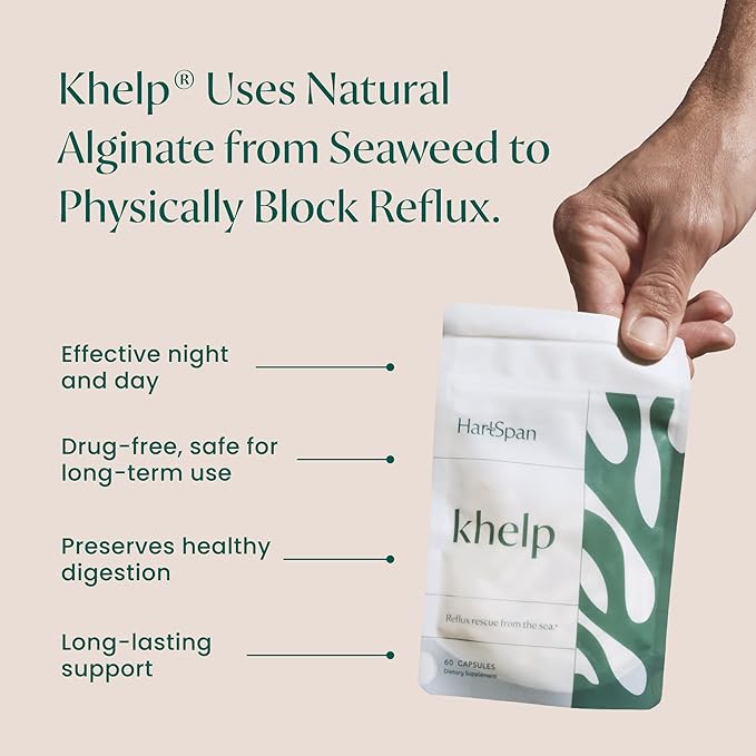 Khelp All-Natural Reflux Support – Premium Alginate Supplement | GERD, Heartburn, LPR & Acid Reflux | Drug-Free, Designed for Daily Use | No Dyes or Flavors | 60 Vegan Capsules