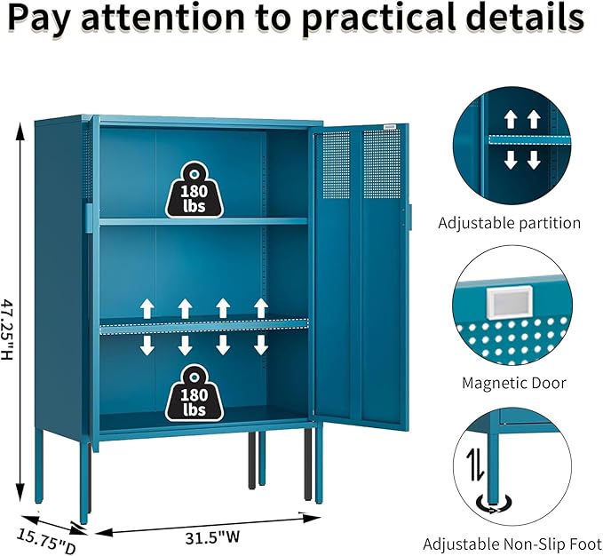 Blue Metal Storage Cabinet with 2 Doors - 47''H Locker Cabinet, 3 Tier Locker with Adjustable Shelves,Office Storage Locker for Office, Home, Living Room, Kitchen