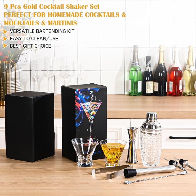 Pickmesh 9 Pcs Cocktail Shaker Set 13 oz Glass Cocktail Shaker with Built-in Strainer, 2 Martini Glasses, Shakers Bartending Drink Mixer Set Drink Mixer Gifts for Dad, Boyfriend, Husband(Silver)