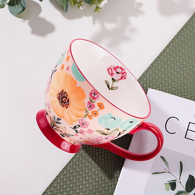 Autumn Handmade Large Ceramic Coffee Mug (20oz) Cute Cereal Vintage Flower Mugs Cozy Fall Gift Cup for Breakfast Oatmeal Tea & Hot Drinks with Floral Design
