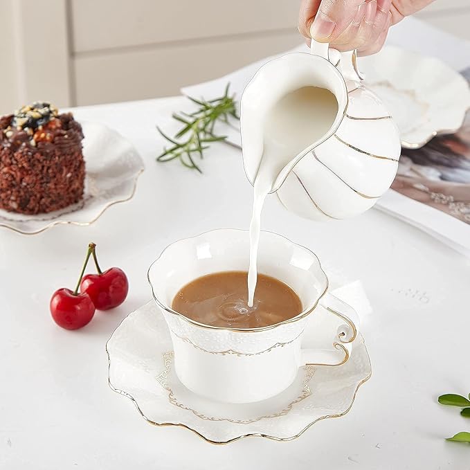 DUJUST Tea Cups and Saucers with Golden Trim,Set of 4 (7 OZ), Luxury Relief Printing Coffee Cups with Metal Stand, British Royal Porcelain Tea Party Set - White