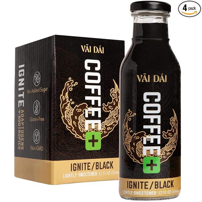 Vai Dai Coffee Black 4-pack, Lightly Sweetened, Ready-to-Drink, Functional, Adaptogens & Nootropics for Energy, Focus & Mental Clarity, with Lion’s Mane, Ashwagandha, Mushrooms & Cordyceps, Gluten-Free, Non-GMO. VaiDai