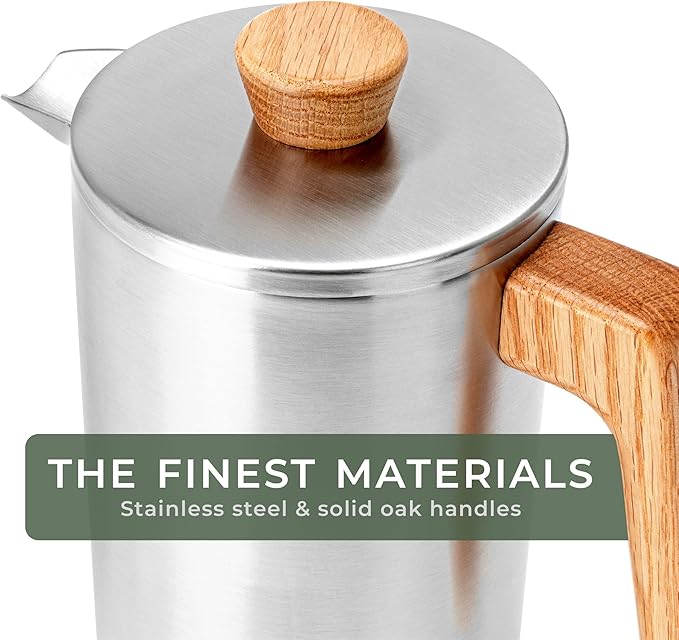 WALDWERK French Press (34 oz) - Stainless Steel Double Wall French Press Coffee Maker - Plastic Free Coffee Press with Oak Wood Handle - Insulated Stainless Steel Coffee Maker