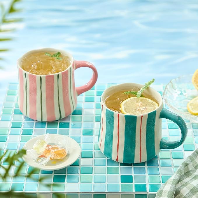 Striped Ceramic Coffee Mugs Set of 2, Pink and Green Stackable Stoneware Mugs for Morning Coffee, Tea & Cocoa, 12oz Dishwasher & Microwave Safe Mug Gift Set for Home & Office