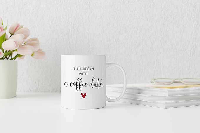 QASHWEY Valentines Day Coffee Mug, Girlfriend Gifts, Couple Gifts, Romantic Gifts for Her Him, Fiance Gifts for Her, Wedding Gifts Coffee Cups Ceramic 11oz, It All Began With a Coffee Date Tea Cup