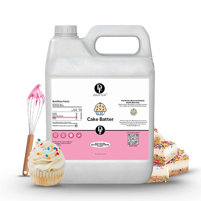 Dolce Flav Cake Batter Flavoring – 32 Ounce Water-Soluble Kosher, Sugar-Free, Concentrated Birthday Cake Flavor for Frosting, Cupcakes & Ice Cream