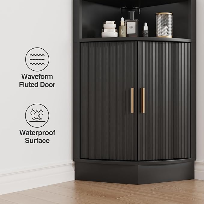 Corner Bathroom Cabinet, Modern Small Corner Cabinet with Fluted Door and Open Shelf, Space Saver for Bathroom, Living Room, Kitchen, Black