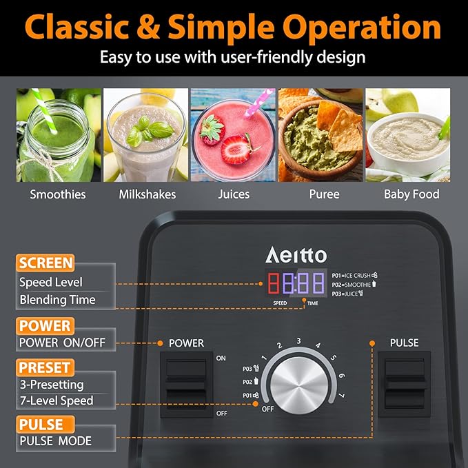Aeitto Blender, Blenders for Kitchen with 1500-Watt Motor, 68 Oz Large Capacity, Professional Countertop Blenders for Ice Crush, Frozen Drinks, Black