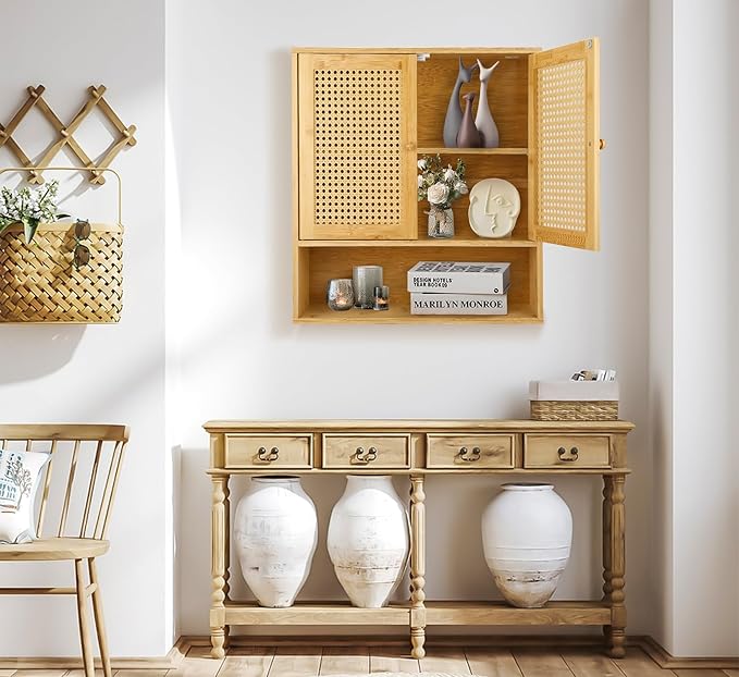 Bamboo Cabinet Wall Mount, Rattan Medicine Cabinet with Shelves and Doors, Wall Cabinet Above Toilet, Storage Organizer for Laundry Room, Kitchen, Living Room