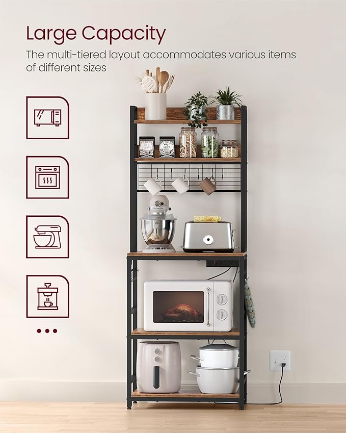 VASAGLE Bakers Rack with Power Outlet, Microwave Stand, Kitchen Tall Utility Storage Shelf, with Metal Wire Panel, 14 Hooks, 15.7 x 23.6 x 66.9 Inches, Rustic Brown and Ink Black UKKS037B01
