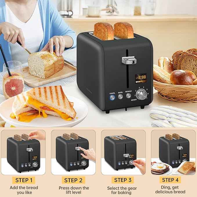 SEEDEEM Toaster 2 Slice, Stainless Steel Toaster LCD Display, 7 Bread Shade Setting, 1.4'' Wide Slots, Bagel/Defrost/Reheat Functions, Removable Crumb Tray, 900W, Dark Chocolate