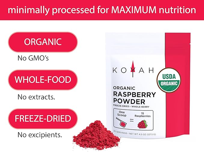 KOYAH - Organic Raspberry Powder 30 Servings (1 Scoop = 15 Raspberries), Freeze-Dried, Whole-Berry Powder, Equivalent to 450 Raspberries