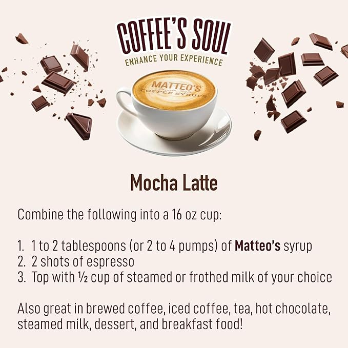 Matteo's Mocha Syrup for Coffee, Lattes, Cappuccinos & Desserts – Sugar-Free Sweetener for Beverages, Keto Friendly, Zero Calories, Indulgent Flavor, Non-Alcoholic, Ideal for Hot Drinks 33.8oz (1pk)