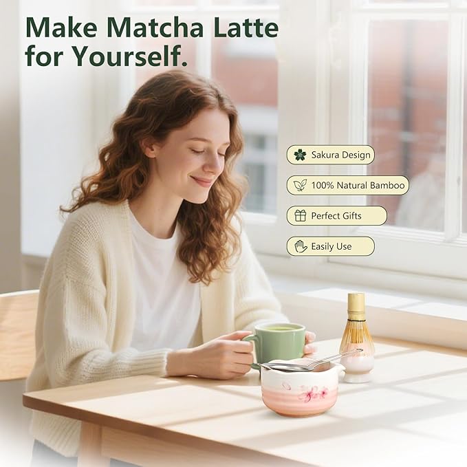 7PCS Matcha Whisk Set, Sakura Cherry Bloosm Matcha Kit Christmas Gifts for Women Birthdays Mom Girls Kids and Matcha Tea Lover, with Bamboo Whisk, Holder, Bowl, Scoop, Sifter, Towel, and Elegant box