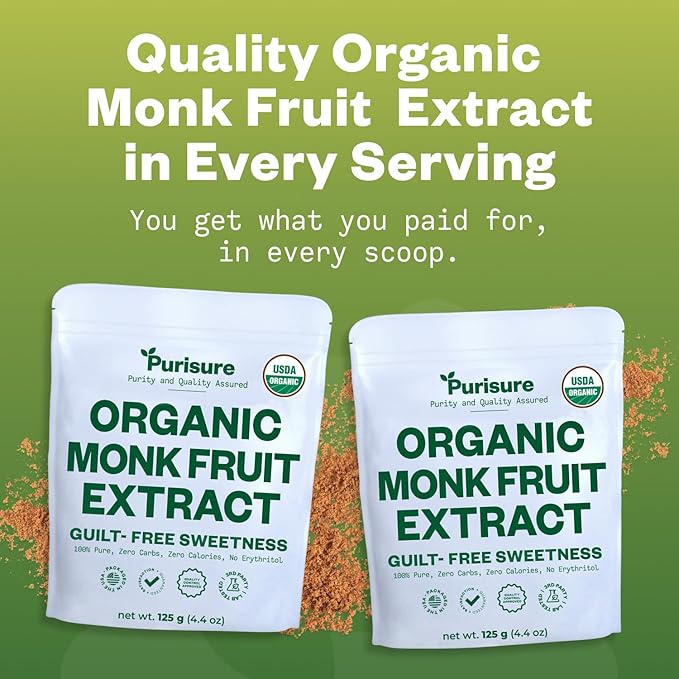 Organic Monk Fruit Sweetener, 125g (4.41oz), No Fillers Pure USDA Organic Monk Fruit Extract Powder with No Aftertaste, Zero Calorie & Zero Carbs, Keto & Paleo Friendly 320-400 Servings