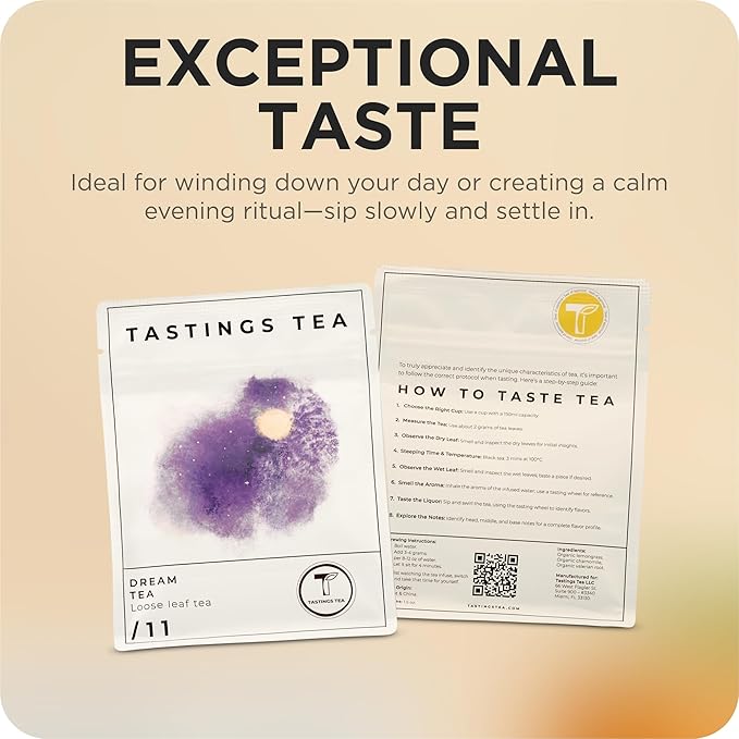 Tastings Tea Dream Loose Leaf, 1.2 oz | Calm Herbal Sleep Blend with Chamomile, Valerian & Lemon Grass | Natural Antioxidants for Wellness & Bed | Small Batch & Sustainably Sourced | Resealable Pouch