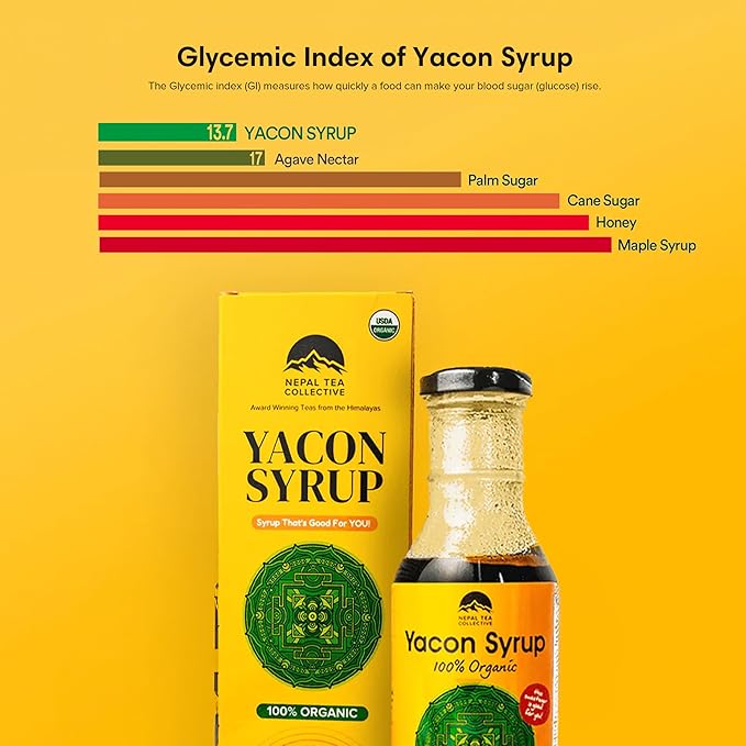 Global Family Farms Yacon Syrup 100% Organic, 9.5 Fl Oz Glass Bottle, Low Calorie, Satisfying Sweetness, Rich in Minerals, Low Glycemic, High in FOS/Prebiotic for Digestive Health