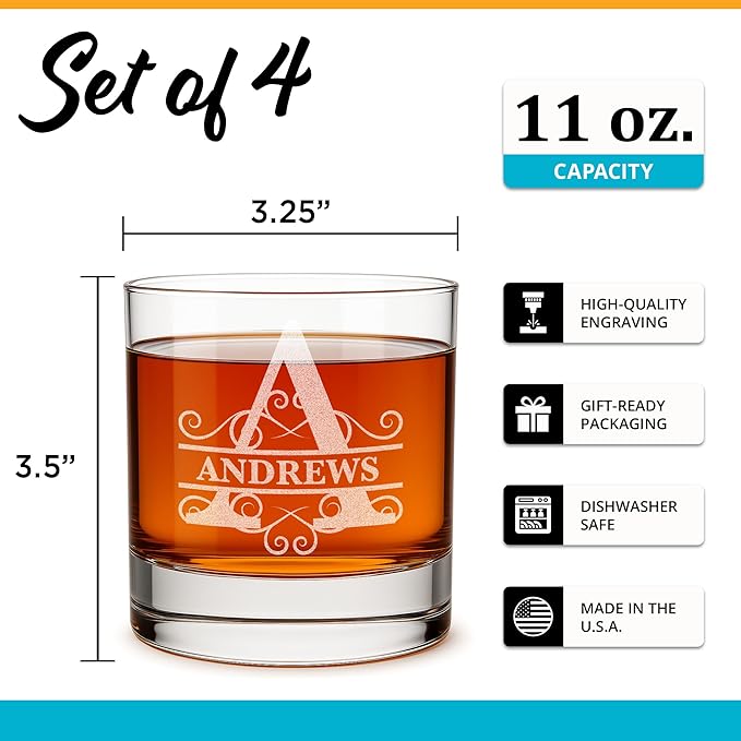 On The Rox Drinks Personalized Whiskey, Bourbon Glass Gifts for Men - 11 oz Engraved Name Monogram Scotch Tumbler Set of 4 - Customized Cocktail, Rocks, Brandy Glass