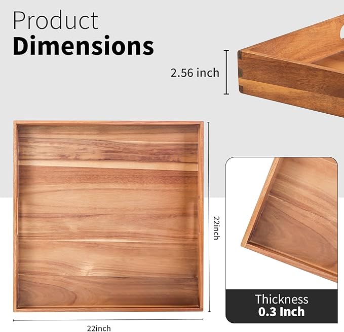 Ottoman Tray for for Living Room Extra Large Wooden Serving Trays for Ottoman 22-INCH Square Wood Trays with Handles Decorative Trays for Serving, Breakfast, Coffee Tea, Appetizers