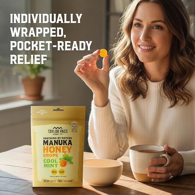 Taylor Pass Honey Co Mānuka Honey Drops UMF™ 10+ | Cool Mint | Mānuka Honey Lozenges | Soothing Natural Manuka On-the-Go | 22 Individually Wrapped Drops | Made in New Zealand