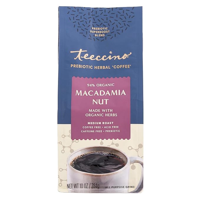 Teeccino Macadamia Nut Prebiotic SuperBoost™ Coffee Alternative - Support Your Probiotics with Caffeine-Free Herbal Coffee Featuring 3 Vegan Prebiotics for Good Gut Health & Regularity, 10 Ounce