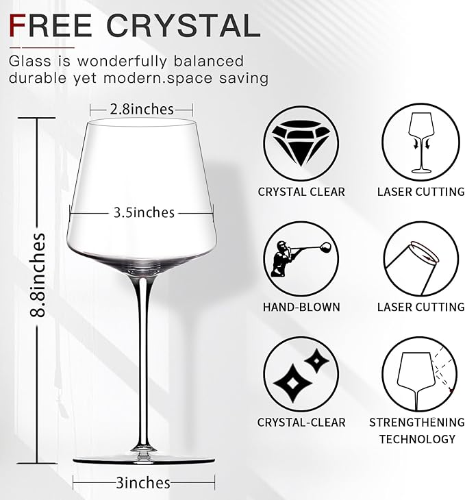 White Red Wine Glasses Set of 6 – 18oz Clear【Hand Blown】 Crystal Wine Glass – Tall Long Stem Modern Wine Glasses – Square Wine Glass with flat bottom – Unique gifts for Wedding,Brithday,Christmas