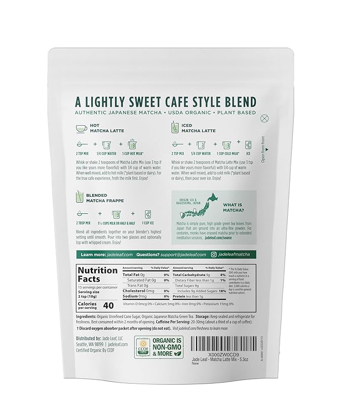 Jade Leaf Matcha Organic Premium Ceremonial Grade Matcha Green Tea Powder - Japanese - Culinary, Ingredient, Ceremonial Barista Teahouse, Latte, Collagen, 5.3 Ounce (Pack of 1), Matcha Latte