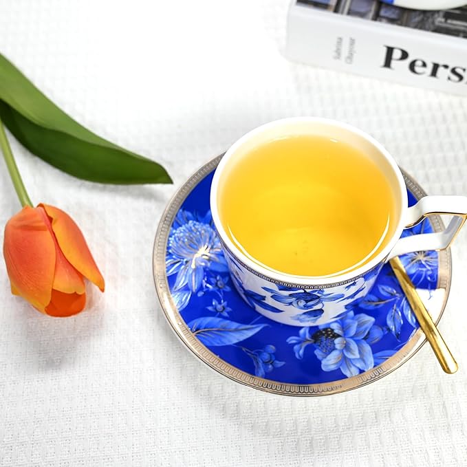 Bone China Tea Cup and Saucer Set, Bone China Coffee Cups and Saucers, Vintage Blue and White TeaCups snd Saucers Gift for Mom Friend Tea Party (dark blue)