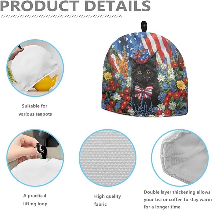 USA FlagTeapot Insulation Cover Soft Tea Pot Cozy Cover with Keep Warming Black Cat Kettle Kitchen Dust Cover for 4th of July Home Decor Dust Proof Kettle Cover