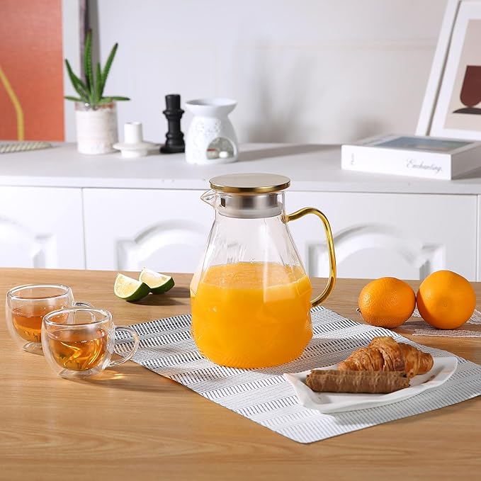 Heat Resistant Glass Pitcher With Lid And Spout, Glass Iced Tea Pitchers Beverage Pitchers For Fridge, Water Pitcher And Carafe 51oz/1500ml