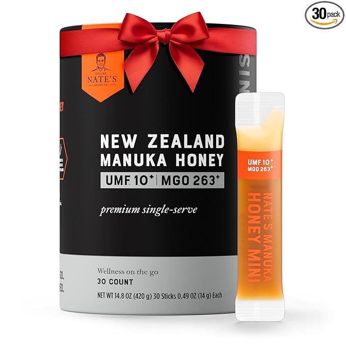 Nate's Manuka Honey Minis - 30 count Single-serve, Pure Manuka Honey - MGO 263+ | UMF Certified 10+ - 30 Single-Serve Packets for On-the-Go Daily Wellness